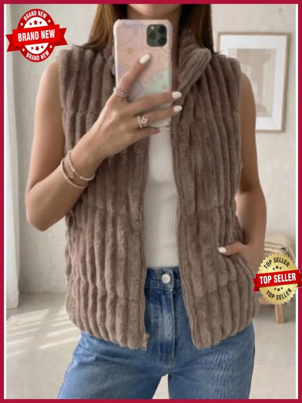 Sleeveless Striped Zip-Up Vest with Stand Collar Puffer Jacket